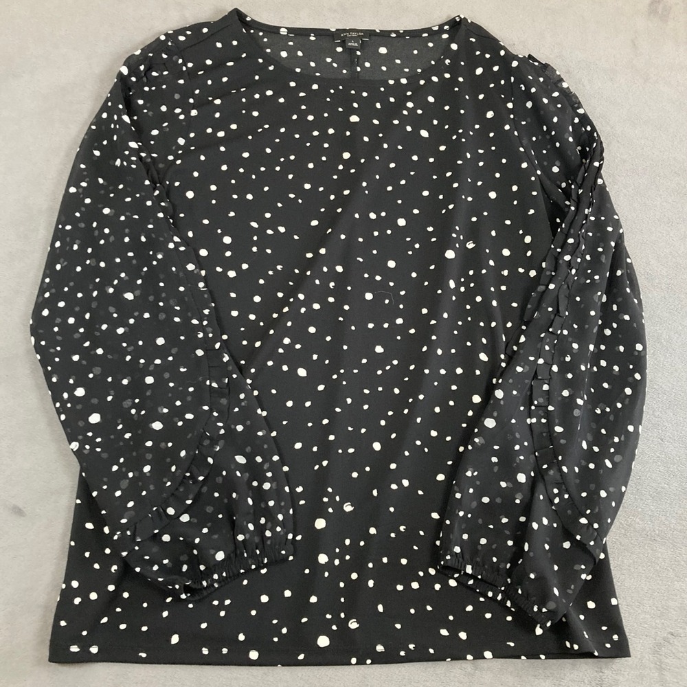 Ann Taylor Factory Black White Polka Dot Ruffle Sleeve Blouse Size L